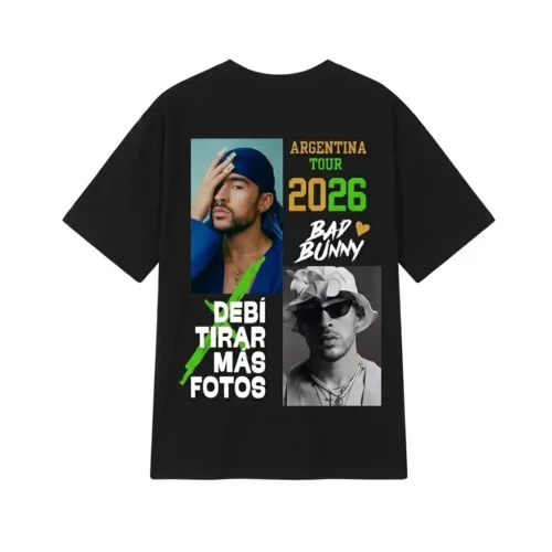 Black Bad Bunny T-shirt back view close-up with Argentina Tour 2026 photo collage graphic