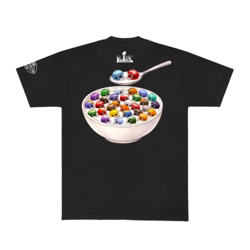 Black Bad Bunny T-shirt back view close-up with cereal bowl full of football helmets graphic