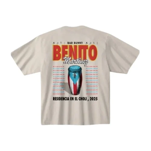 Back of sand Bad Bunny T-shirt with conga drum wrapped in Puerto Rico flag and Residencia en el Choli 2025 tour dates