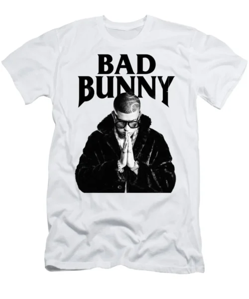 White Bad Bunny T-shirt with black-and-white photo print and gothic BAD BUNNY wordmark