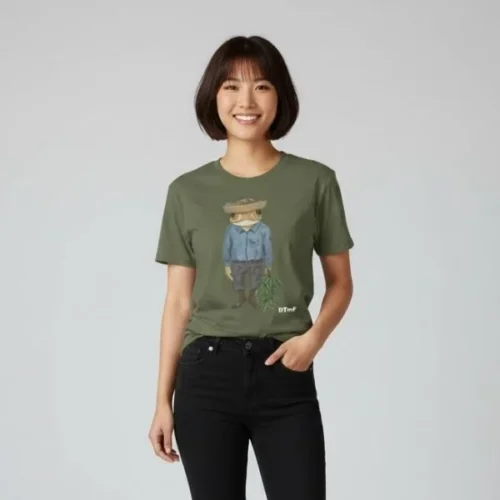 Woman wearing olive green Bad Bunny T-shirt with illustrated DTMF farmer frog character holding banana leaves