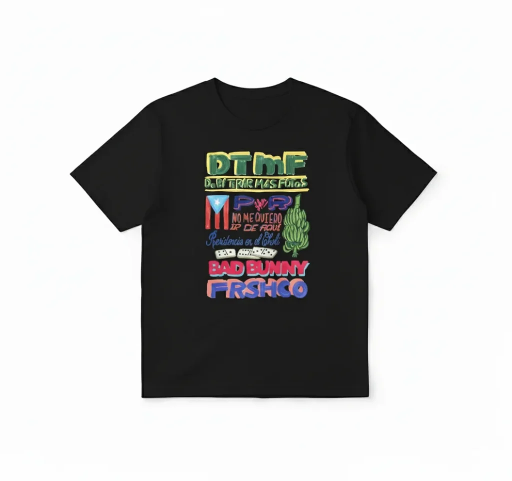 Black Bad Bunny T-shirt, colorful stacked graffiti tour text