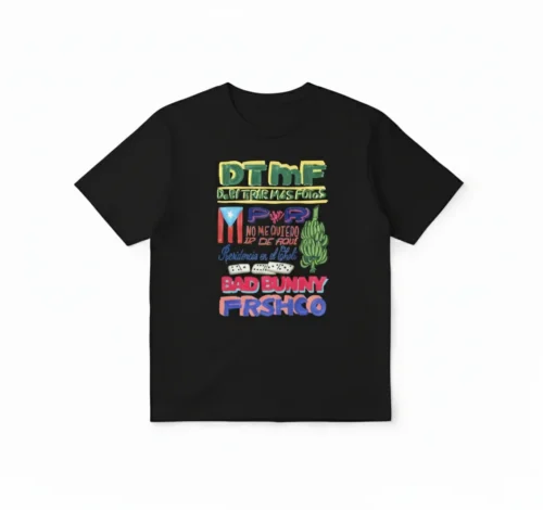 Black Bad Bunny T-shirt, colorful stacked graffiti tour text