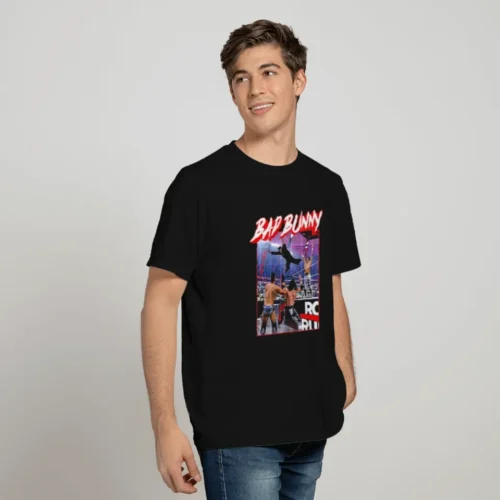 Close-up of Royal Rumble wrestling photo graphic on black Bad Bunny T-shirt