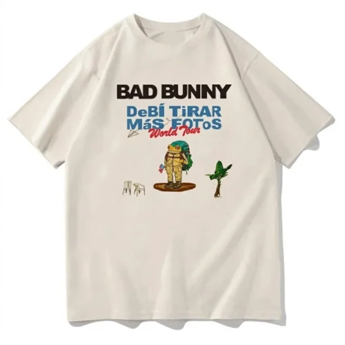 Cream Bad Bunny T-shirt front view with Debi Tirar Mas Fotos World Tour logo and frog traveler graphic