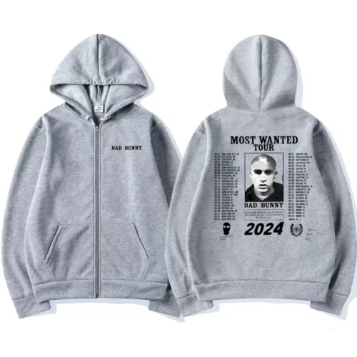 Bad Bunny Most Wanted Tour 2024 Graphic Zipper Hoodie