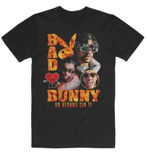 Black Bad Bunny T-shirt with flame-lettered wordmark and Un Verano Sin Ti photo collage print