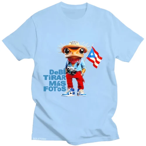 Light blue Bad Bunny T-shirt with cartoon frog tourist photographer and Debi Tirar Mas Fotos graphic