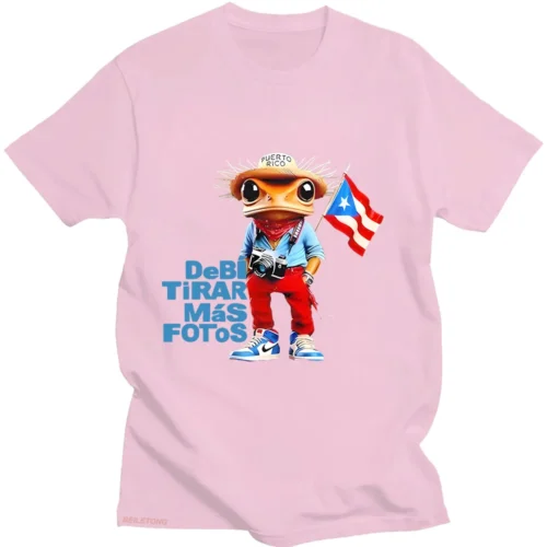 Pink Bad Bunny T-shirt with cartoon frog tourist photographer and Debi Tirar Mas Fotos graphic
