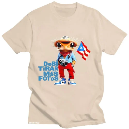 Sand beige Bad Bunny T-shirt with cartoon frog tourist photographer and Debi Tirar Mas Fotos graphic