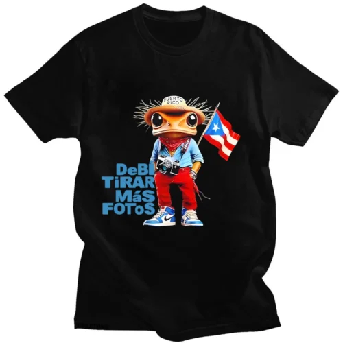 Black Bad Bunny T-shirt with cartoon frog tourist photographer and Debi Tirar Mas Fotos graphic