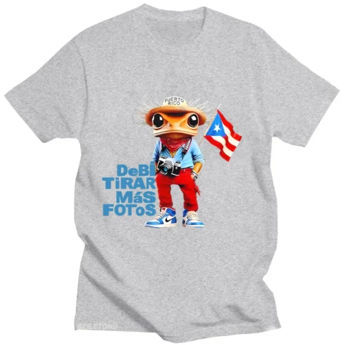 Gray Bad Bunny T-shirt with cartoon frog tourist photographer and Debi Tirar Mas Fotos graphic
