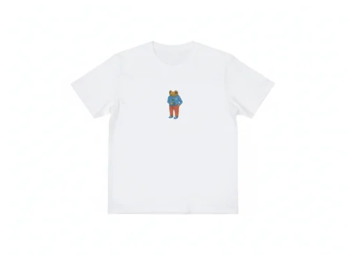 White Bad Bunny T-shirt, small colorful coquí frog figure