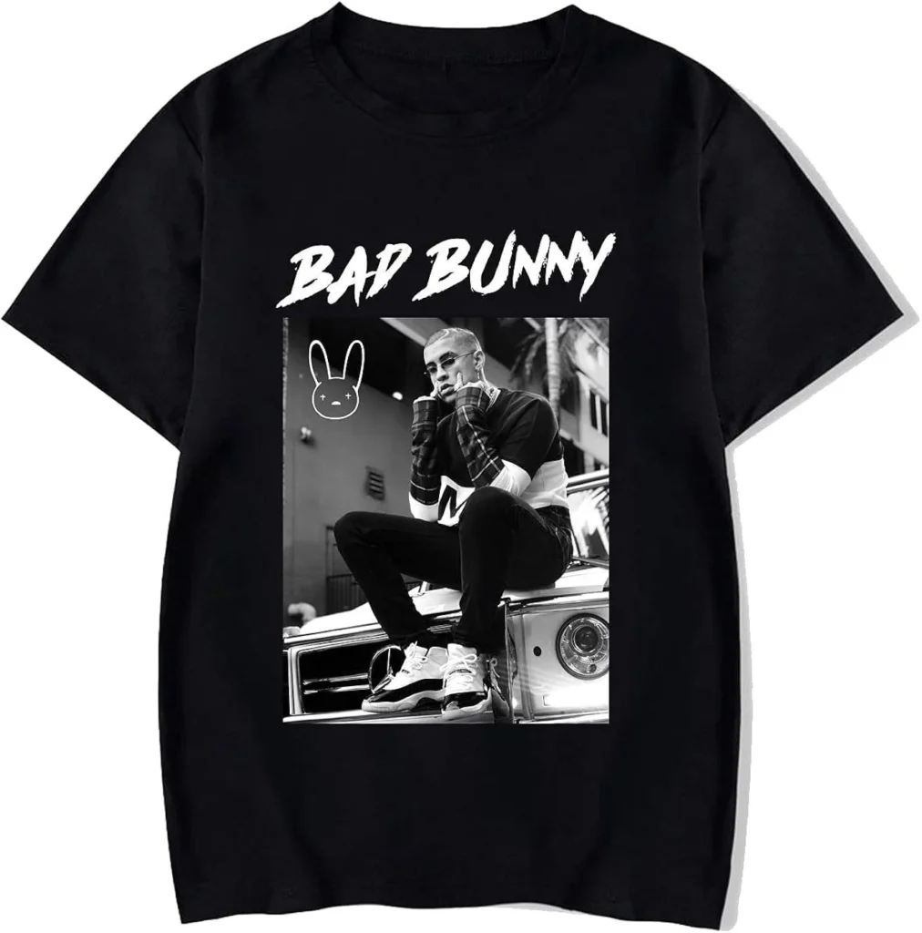 Black Bad Bunny T-shirt with black-and-white photo print and BAD BUNNY wordmark graphic
