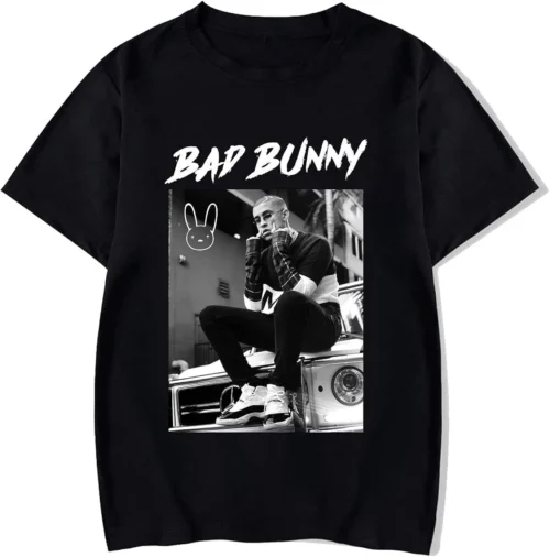 Black Bad Bunny T-shirt with black-and-white photo print and BAD BUNNY wordmark graphic