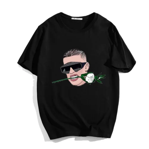 Black Bad Bunny T-shirt with illustrated rose-in-mouth portrait graphic