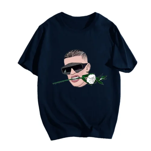 Navy blue Bad Bunny T-shirt with illustrated rose-in-mouth portrait graphic