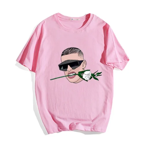 Pink Bad Bunny T-shirt with illustrated rose-in-mouth portrait graphic