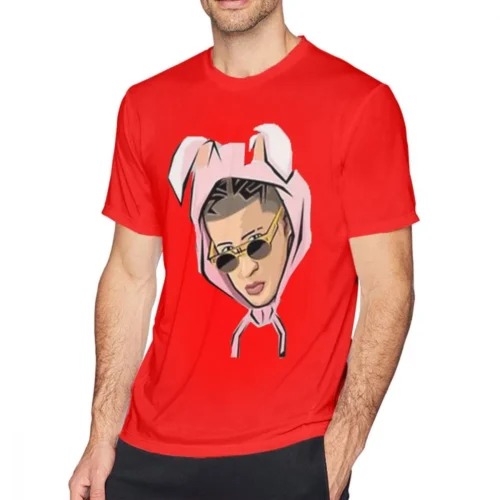 Red Bad Bunny men's T-shirt with cartoon illustrated portrait of Bad Bunny in pink rabbit-ear hood and sunglasses