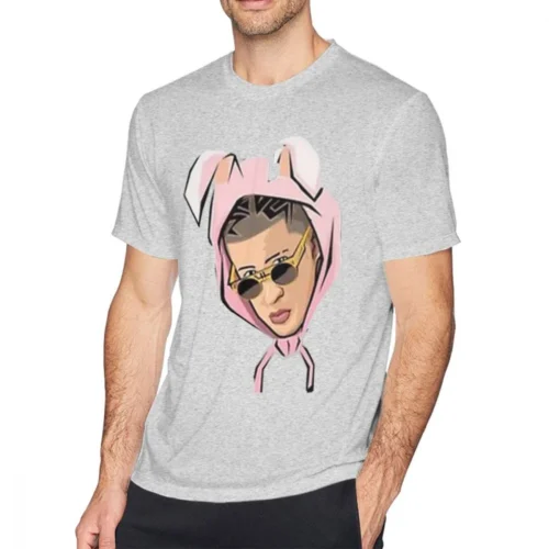 Gray Bad Bunny men's T-shirt with cartoon illustrated portrait of Bad Bunny in pink rabbit-ear hood and sunglasses