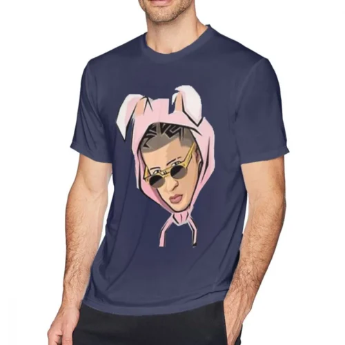 Navy blue Bad Bunny men's T-shirt with cartoon illustrated portrait of Bad Bunny in pink rabbit-ear hood and sunglasses