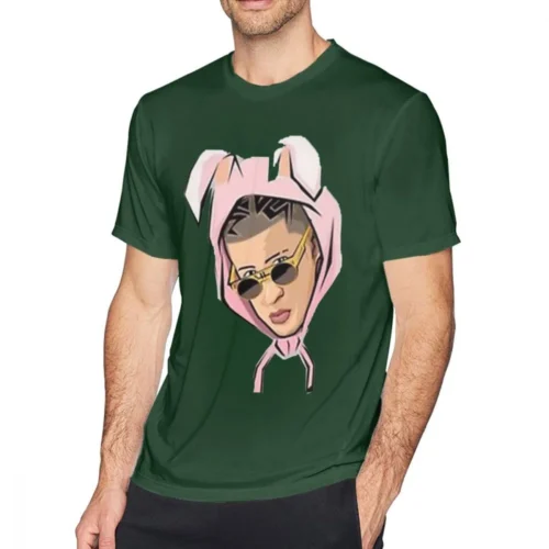 Forest green Bad Bunny men's T-shirt with cartoon illustrated portrait of Bad Bunny in pink rabbit-ear hood and sunglasses