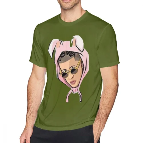 Olive green Bad Bunny men's T-shirt with cartoon illustrated portrait of Bad Bunny in pink rabbit-ear hood and sunglasses