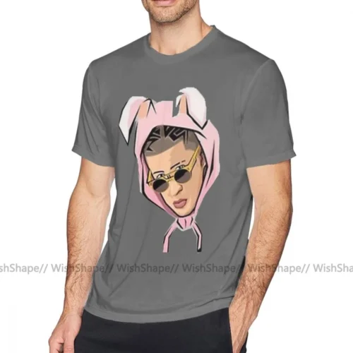 Medium gray Bad Bunny men's T-shirt with cartoon illustrated portrait of Bad Bunny in pink rabbit-ear hood and sunglasses