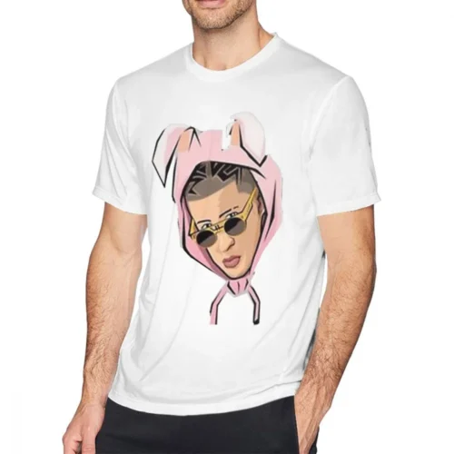 White Bad Bunny men's T-shirt with cartoon illustrated portrait of Bad Bunny in pink rabbit-ear hood and sunglasses