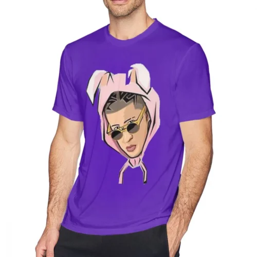 Purple Bad Bunny men's T-shirt with cartoon illustrated portrait of Bad Bunny in pink rabbit-ear hood and sunglasses