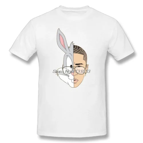 White Bad Bunny Funny Cartoon T-Shirt close-up with split rabbit and portrait face graphic