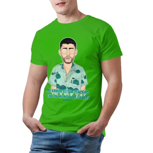 Green Bad Bunny oversized T-shirt with illustrated portrait of Bad Bunny in sunglasses and tropical shirt, Spanish quote print
