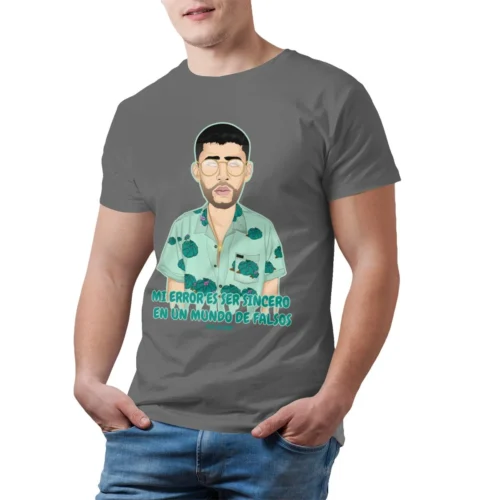 Gray Bad Bunny oversized T-shirt with illustrated portrait of Bad Bunny in sunglasses and tropical shirt, Spanish quote print