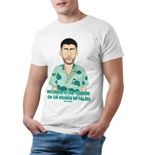 White Bad Bunny oversized T-shirt with illustrated portrait of Bad Bunny in sunglasses and tropical shirt, Spanish quote print