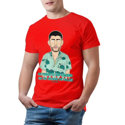 Red Bad Bunny oversized T-shirt with illustrated portrait of Bad Bunny in sunglasses and tropical shirt, Spanish quote print