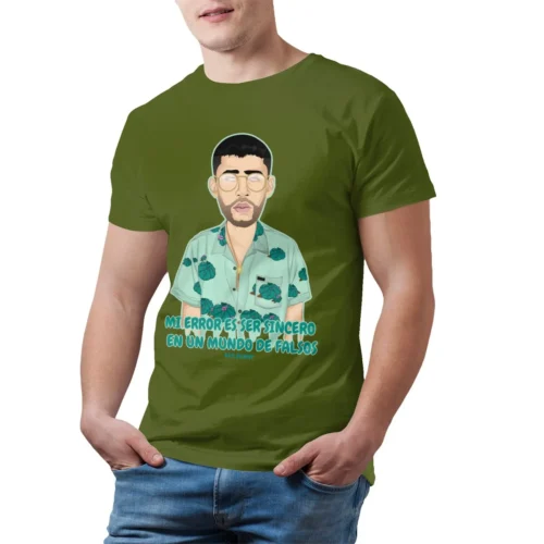 Olive green Bad Bunny oversized T-shirt with illustrated portrait of Bad Bunny in sunglasses and tropical shirt, Spanish quote print