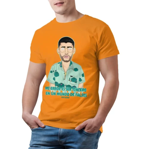 Orange Bad Bunny oversized T-shirt with illustrated portrait of Bad Bunny in sunglasses and tropical shirt, Spanish quote print