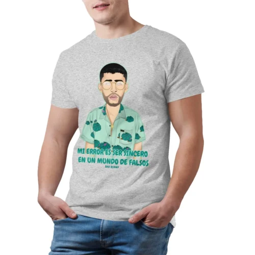 Heather gray Bad Bunny oversized T-shirt with illustrated portrait of Bad Bunny in sunglasses and tropical shirt, Spanish quote print