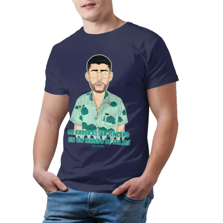 Bad Bunny T-Shirts: A Fan's Guide to Designs, Fit & Everyday Styling 3 Navy blue Bad Bunny oversized T-shirt with illustrated portrait of Bad Bunny in sunglasses and tropical shirt, Spanish quote print