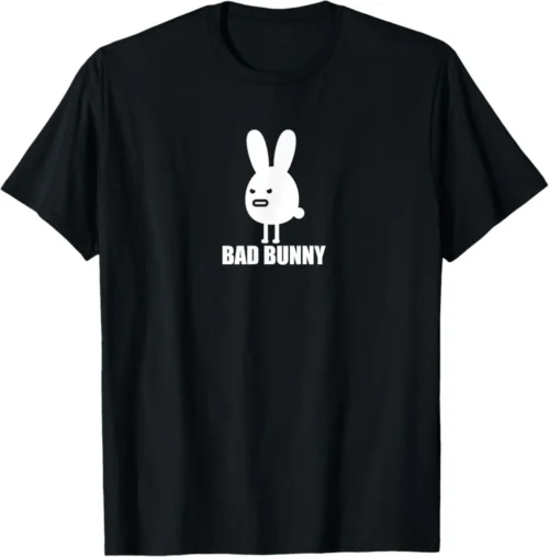 Black Bad Bunny T-shirt, white bunny-head logo with text