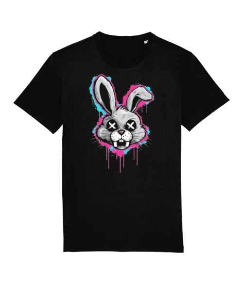 Black Bad Bunny T-shirt, dripping graffiti-style bunny head in pink and blue