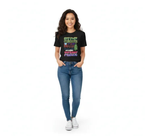Woman wearing black Bad Bunny T-shirt with DTMF Debi Tirar Mas Fotos and Residencia en el Choli graphic