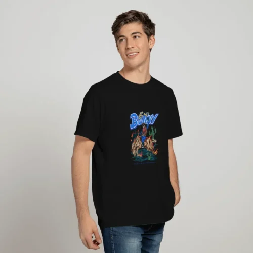 Man wearing black Bad Bunny T-shirt with cowboy riding a bucking horse graphic