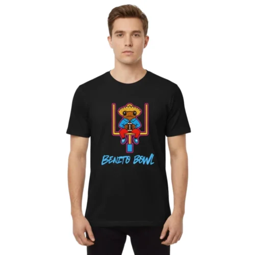 Man wearing black Bad Bunny T-shirt front view with Benito Bowl football mascot cartoon graphic