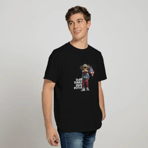 Close-up of traveler frog graphic on black Bad Bunny T-shirt