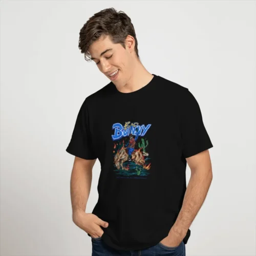 Close-up of cowboy riding a bucking horse graphic on black Bad Bunny T-shirt