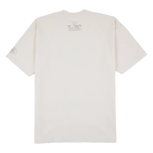 Cream Bad Bunny T-shirt back view with LIX Super Bowl wordmark and bunny sleeve emblem