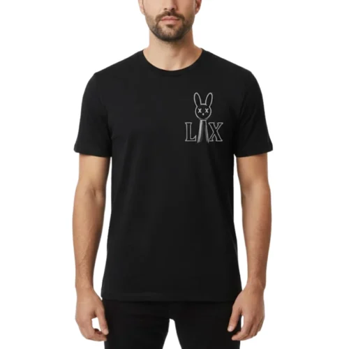 Close-up of bunny mascot with X eyes and LX logo on black Bad Bunny T-shirt