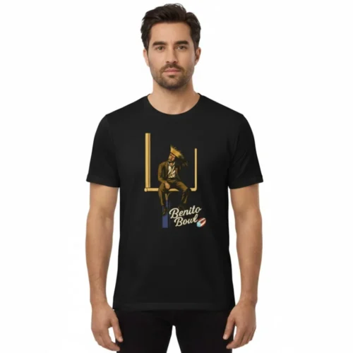Man wearing black Bad Bunny Benito Bowl goalpost T-shirt