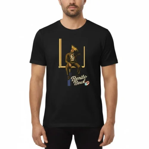 Close-up of Benito Bowl goalpost graphic on black Bad Bunny T-shirt